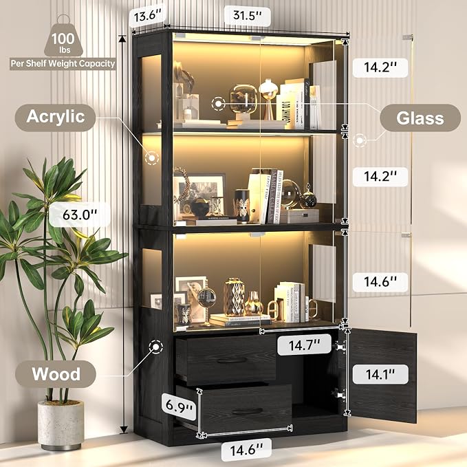 Display Cabinet with Glass Doors, 4-Tier Display Case with 3-Color Lights & - Image 2