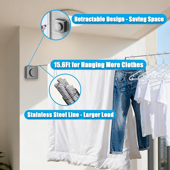 Retractable Clothesline Indoor & Outdoor, 16.2 Feet Stainless Steel Washing Line - Image 3