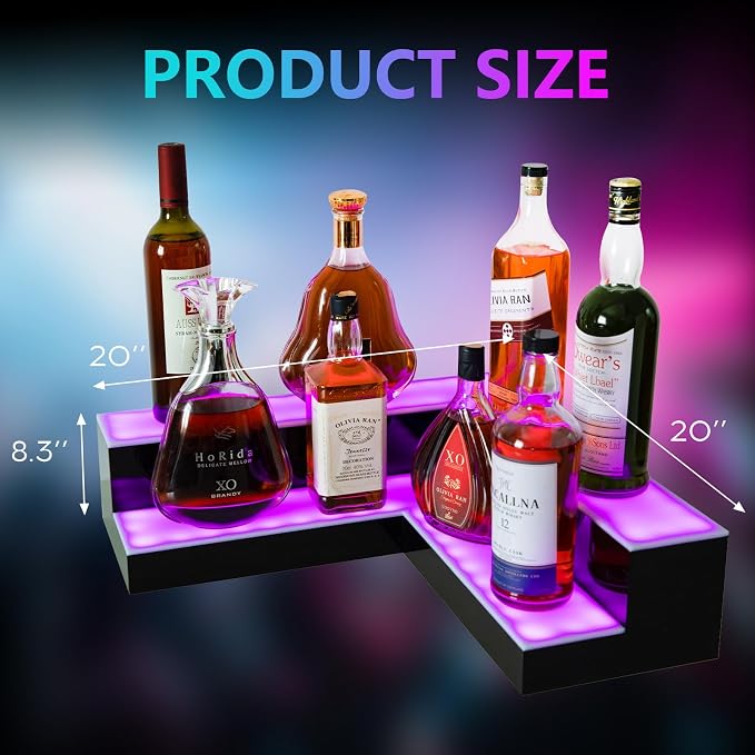 Corner Led Lighted Liquor Bottle Display Shelf, 20 Inch 2 Tier Whiskey Rack - Image 3