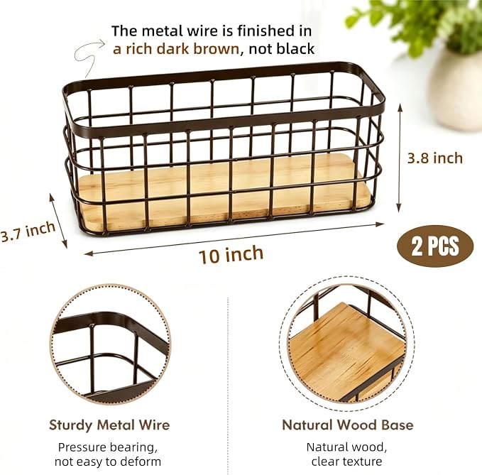 Dicunoy Set of 2 Small Wire Baskets, Narrow Rustic Storage Bin - Image 2