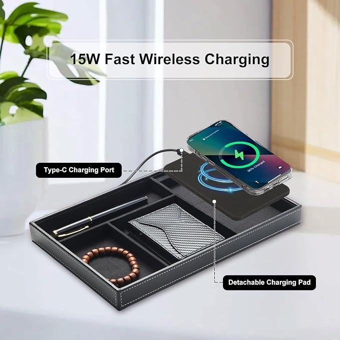 TopMade Valet Tray with Wireless Charging Pad Nightstand Organizer, Leather - Image 6