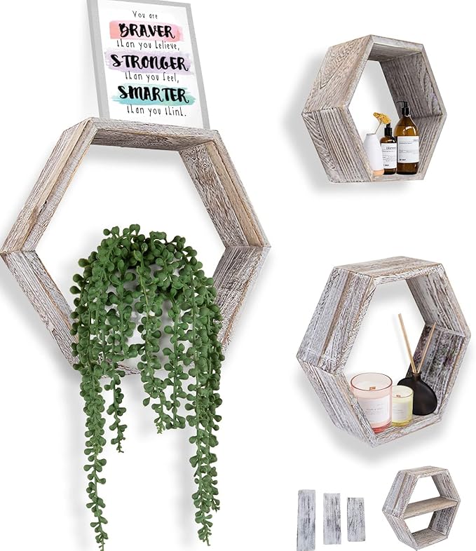 Comfify Rustic White Hexagonal Floating Shelves – Set of 3 – Honeycomb | Rustic by Comfify