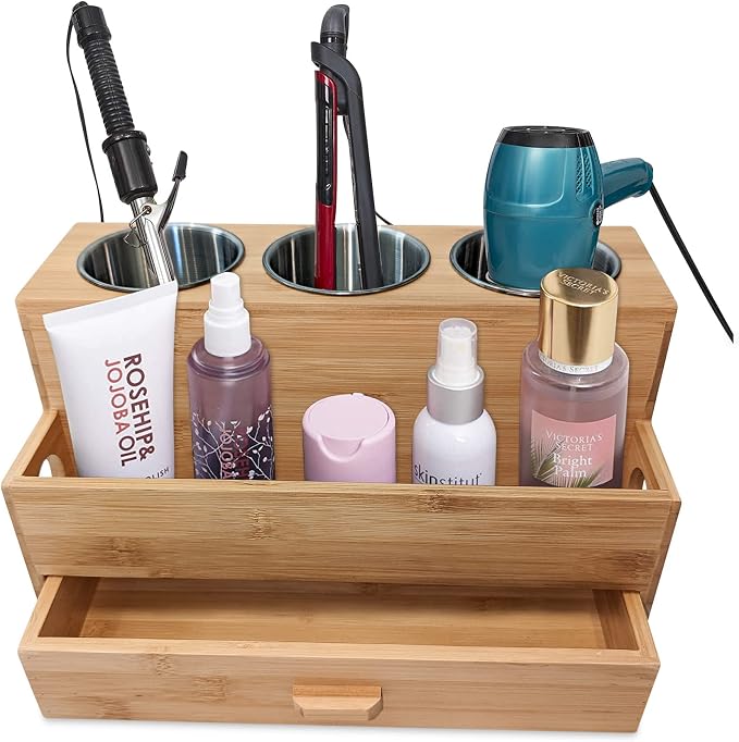 Hair Tool Organizer- Bamboo, Blow Dryer Holder, Bathroom Countertop, Vanity by HarzenBrothers