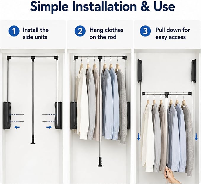 Pull Down Closet Rod 35-48 Inch Adjustable, Heavy Duty Metal Closet Hanging Rod - Image 6