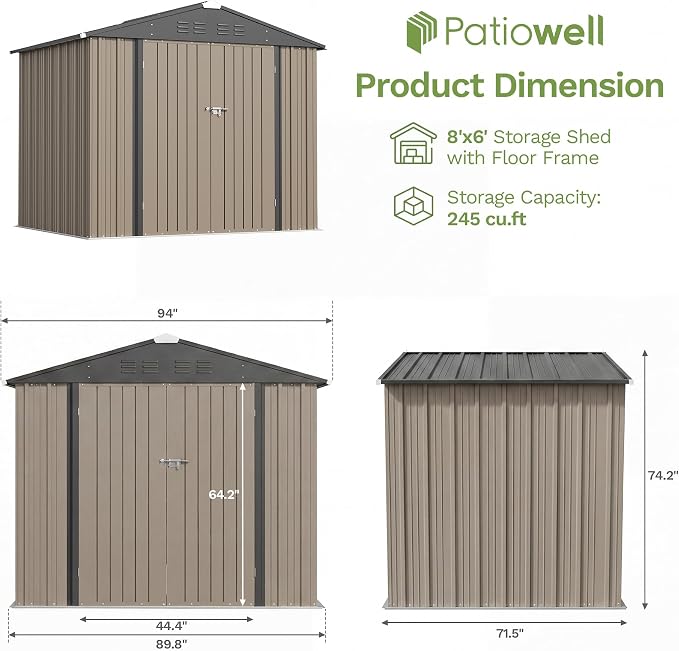Patiowell 8x6 FT Outdoor Storage Shed - Image 2