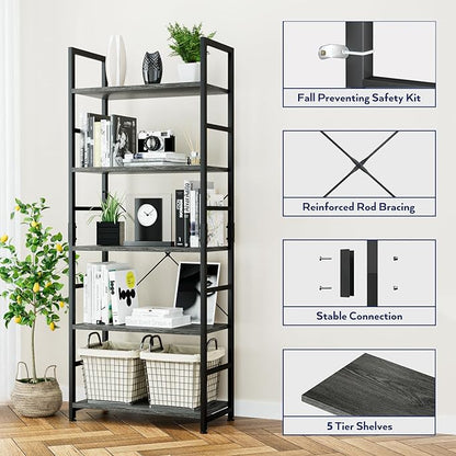 NUMENN 5 Tier Bookshelf, Tall Freestanding Open Storage Bookcase, Dark Grey | - Image 5