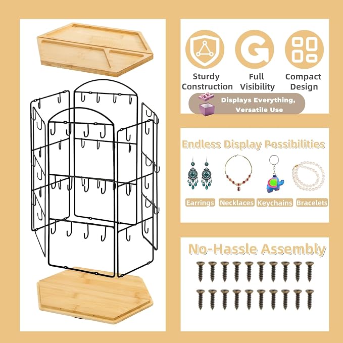 Rotating Earring Display Stand for Vendors, 48 Hooks Hexagon Bamboo Jewelry - Image 4