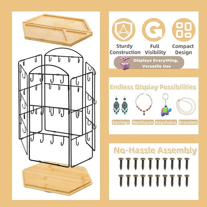 Rotating Earring Display Stand for Vendors, 48 Hooks Hexagon Bamboo Jewelry - Image 4