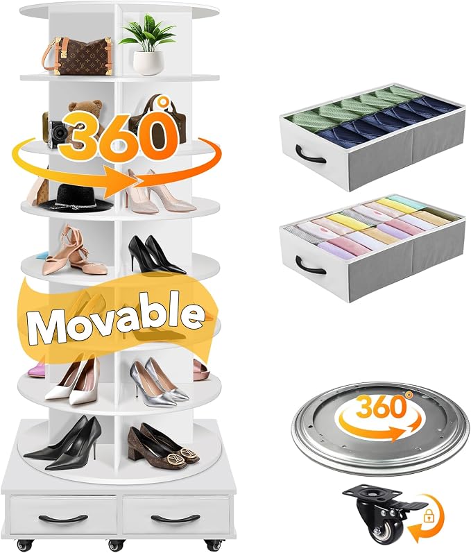 8 Tier Rotating Shoe Rack Tower contains 2 drawers, Spinning Shoe Rack Display by RUNSUNSPRI