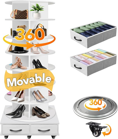 8 Tier Rotating Shoe Rack Tower contains 2 drawers, Spinning Shoe Rack Display by RUNSUNSPRI