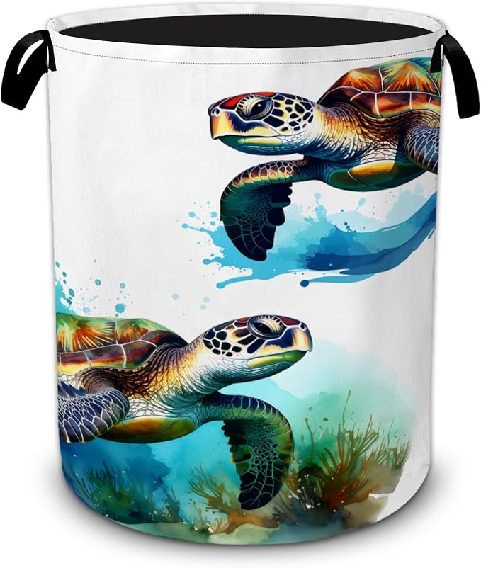 Sea Turtle Watercolor Laundry Basket Foldable Waterproof Oxford Cloth Tote Bag by Unknown
