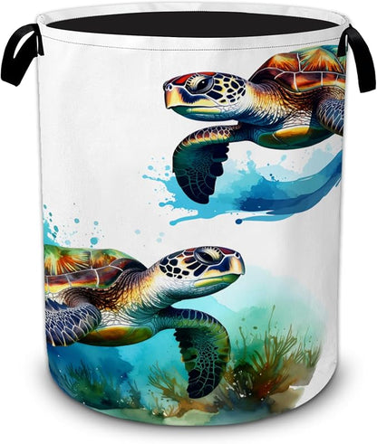 Sea Turtle Watercolor Laundry Basket Foldable Waterproof Oxford Cloth Tote Bag by Unknown