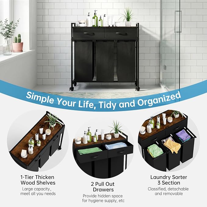 Laundry Sorter with 3 Section Pull Out Bags Rolling Laundry Basket Organizer - Image 2