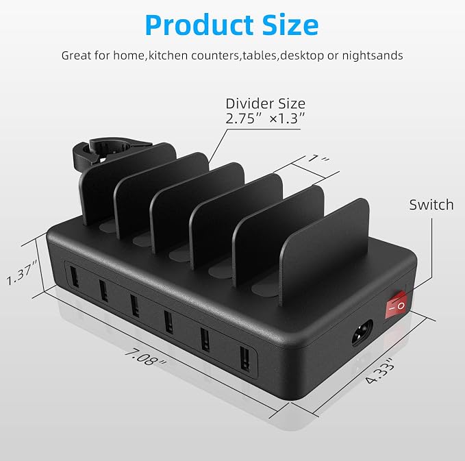 Charging Station for Multiple Devices, CREATIVE DESIGN 50W 6 Ports USB Charger - Image 3