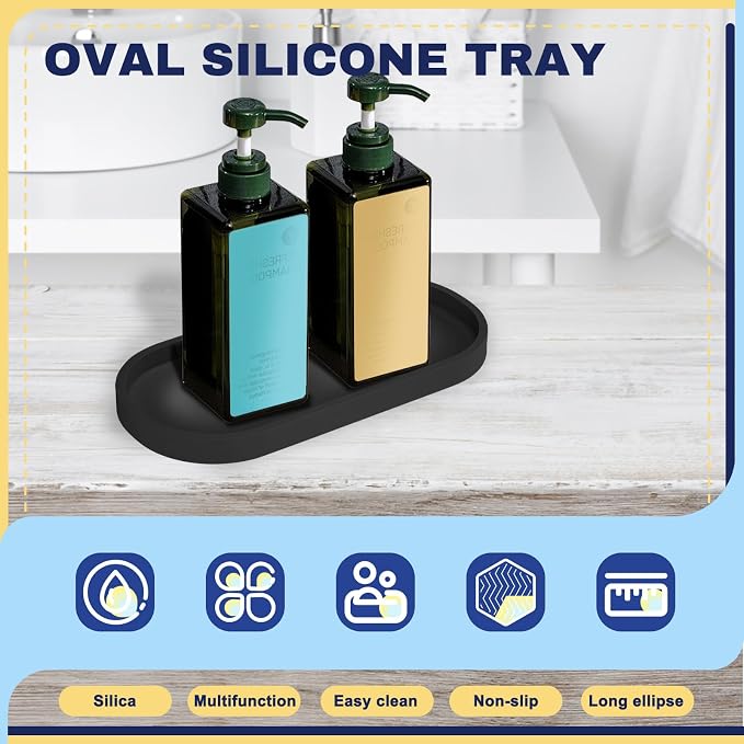2 Pieces Silicone Shatterproof Bathroom Vanity Tray, 9.8" & 11.8" Oval Black - Image 3