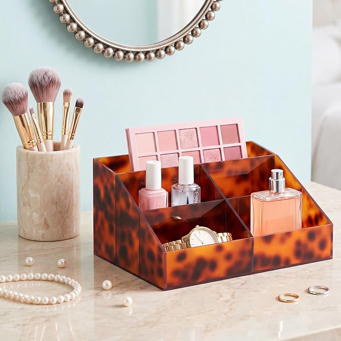 Tortoiseshell Acrylic Makeup Organizer, 6 Compartment Holder - Image 3