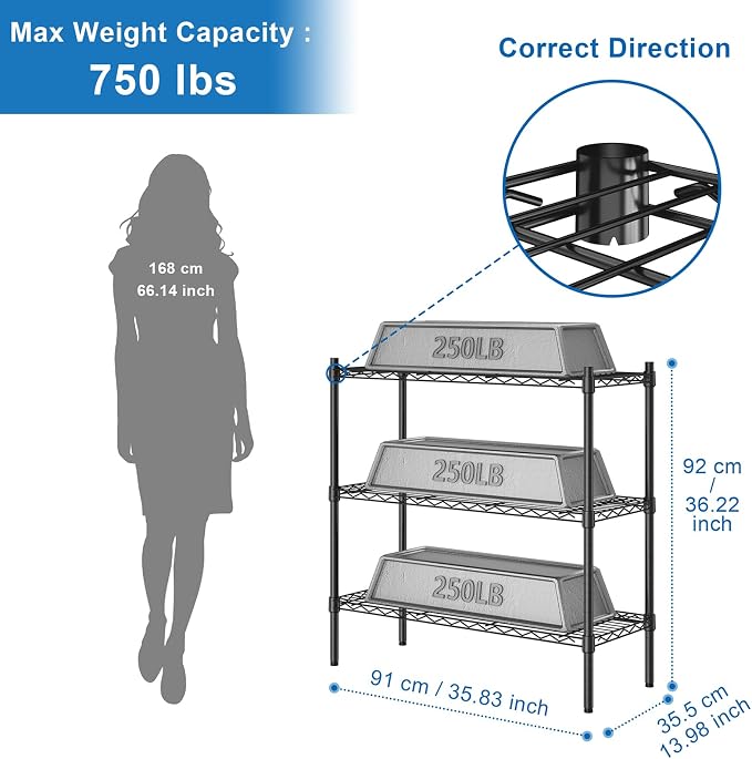Auslar 3-Tier Heavy Duty Wire Shelving Adjustable Metal Storage Rack Black | - Image 3