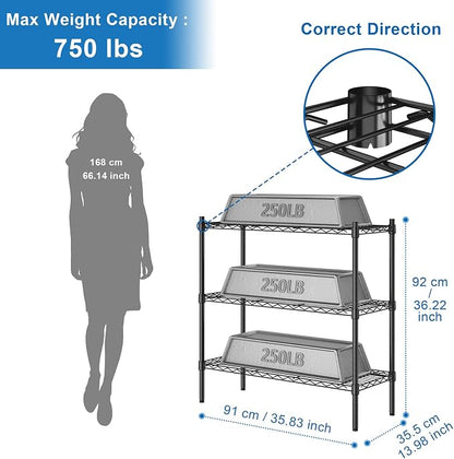 Auslar 3-Tier Heavy Duty Wire Shelving Adjustable Metal Storage Rack Black | - Image 3