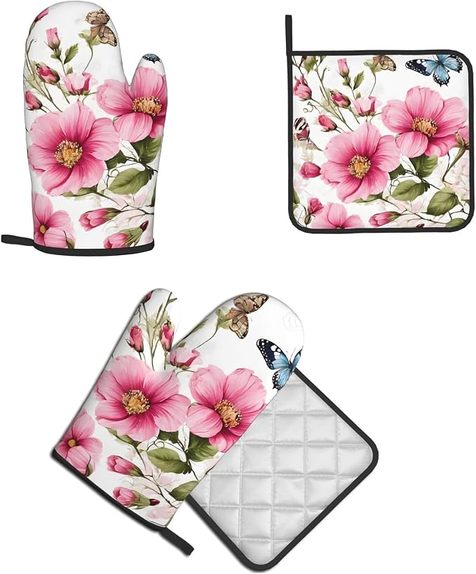 Garden with Birds and Flowers Gloves and Mats Set-Heat-Resistant Kitchen Gloves - Image 8