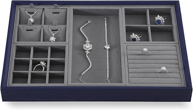 Dark Blue Jewelry Display Tray Ring Necklace Earring Bangle Organizer - Image 5