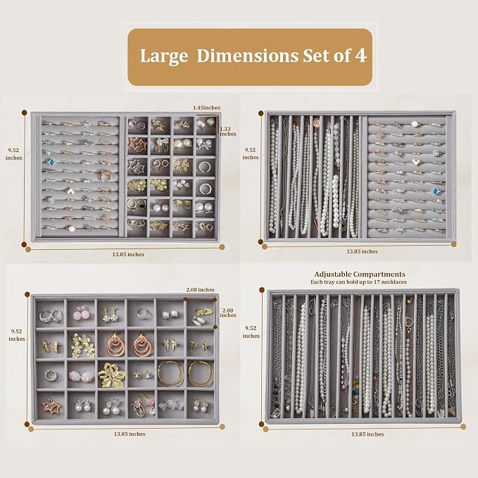 Large Jewelry Drawer Organizer Trays Set of 4, Stackable Velvet Jewelry Trays - Image 4