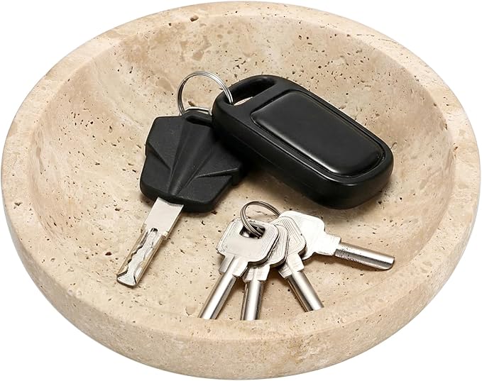 Hipiwe Key Holder for Entryway 7.9" Round Key Bowl Decorative Travertine Tray by Hipiwe