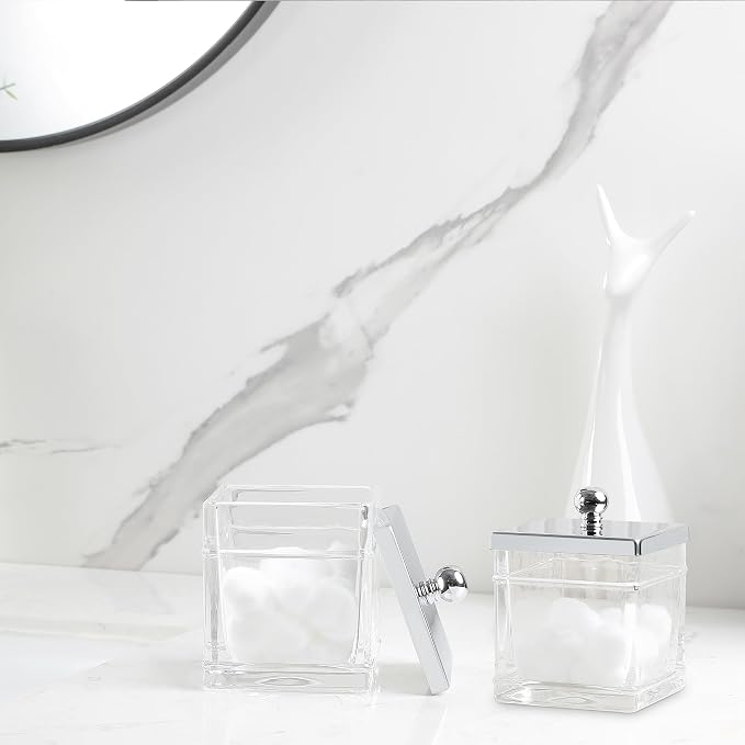 Glass Cotton Jar Holder 2 Pack– Silver/Chrome Lid, Elegant Bathroom Storage - Image 7