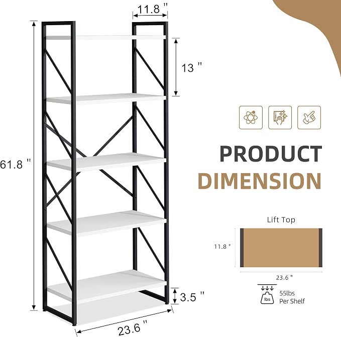 Vongrasig 5 Tier Bookshelf, Modern Tall Bookcase, Industrial Book Shelves - Image 2