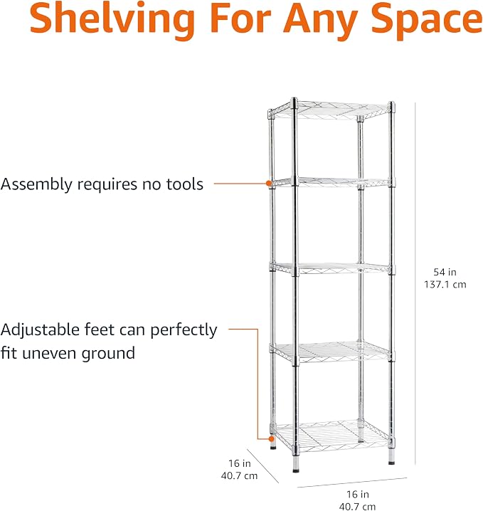 Amazon Basics 5-Shelf Tower Adjustable Storage Shelving Unit, 16 D x 16 W x 54 - Image 3