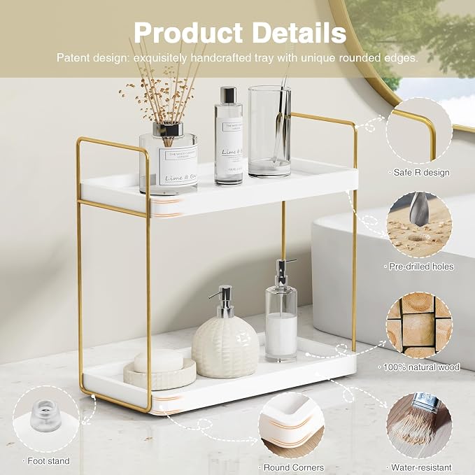 Forbena White and Gold Bathroom Counter Organizer, 2 Tier Makeup Vanity - Image 4