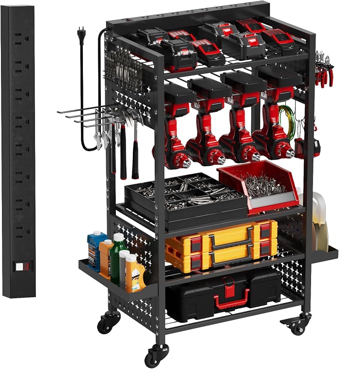 Power Tool Organizer Cart with 8 Charger Ports & Adjustable Storage, Garage by VDEVY