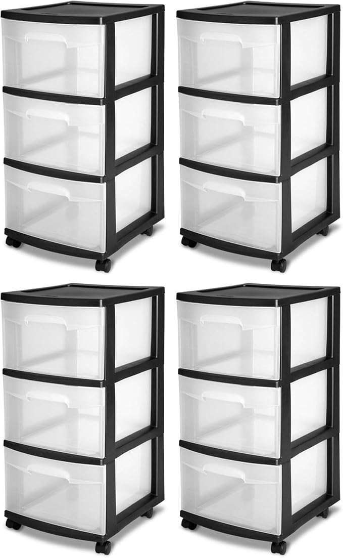 Sterilite 4-Pack 3-Drawer Rolling Plastic Storage Cart, or Dorm Portable by Sterilite