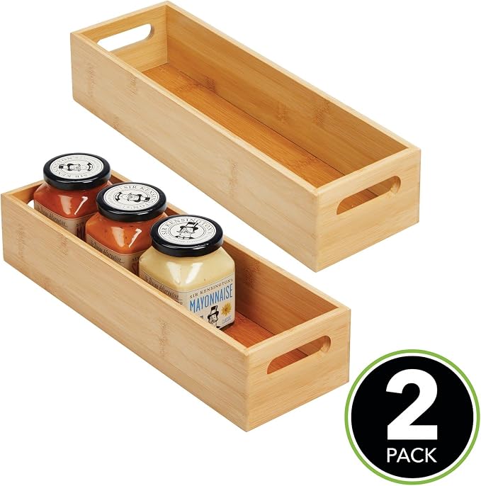 mDesign Set of 2 Kitchen Storage Box – Open-Top Bamboo Storage Tray - Image 2