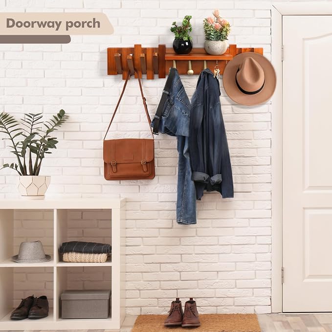 Zingoetrie Wooden Coat Rack Wall Mount Red Brown 11 Hooks Key Holder Umbrella - Image 4