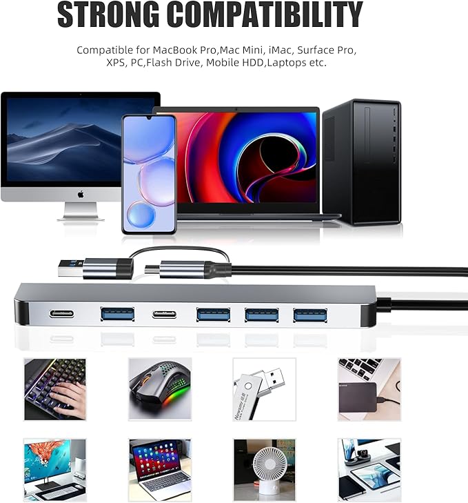 【Upgrade】 USB C/USB Hub, BERLAT Aluminum 7 in 1 USB C & USB Hub - Image 7