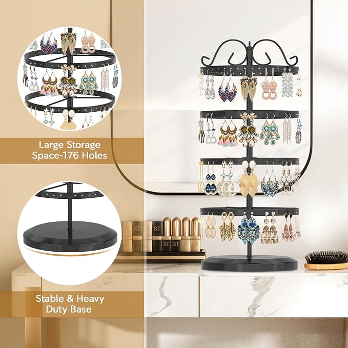 MODOWEY Rotating Earring Holder Organizer Stand, 4 Tiers Metal Tree, Display - Image 4
