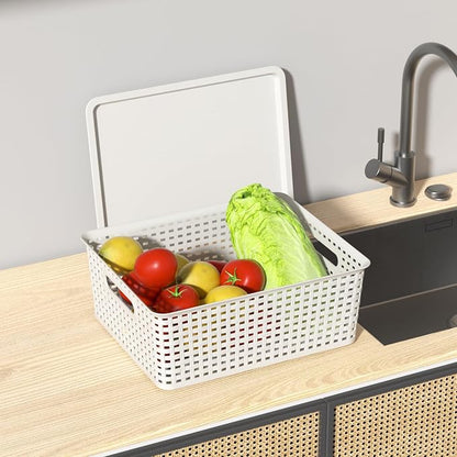 6 Pack Stackable Lidded Storage Baskets, Plastic Woven Baskets - Image 5