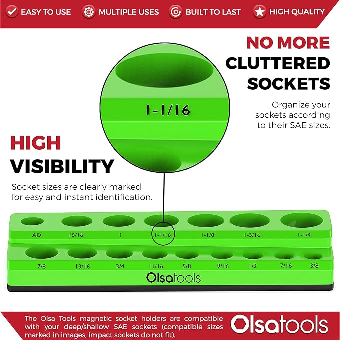 Olsa Tools Magnetic Socket Organizer | 1/2-inch Drive | SAE | Green | Holds 16 - Image 2