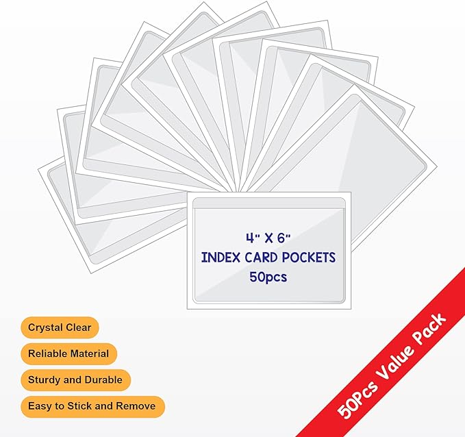 Clear Adhesive 4" x 6" Index Card Pockets, Labels Holders, 50 Pack | Top Open - Image 2