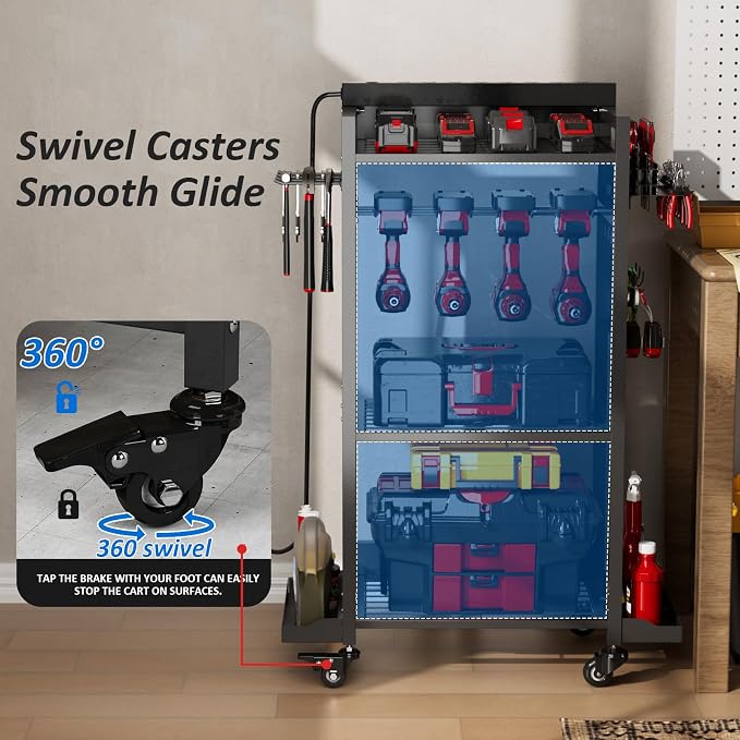 Power Tool Organizer Cart with 8 Power Outlet & Adjustable Storage, Garage - Image 4