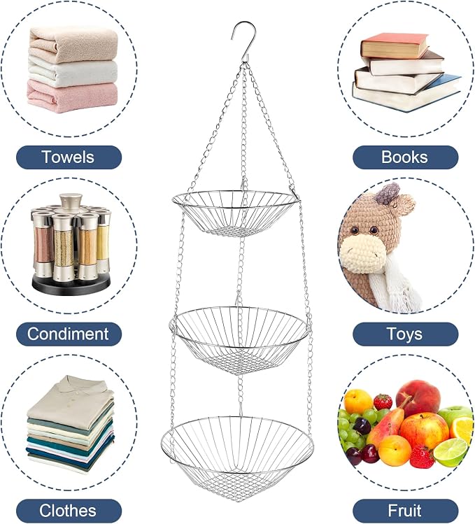 3-Tier Kitchen Wire Storage Basket Hanging Fruit Storage 2 Pack - Image 2