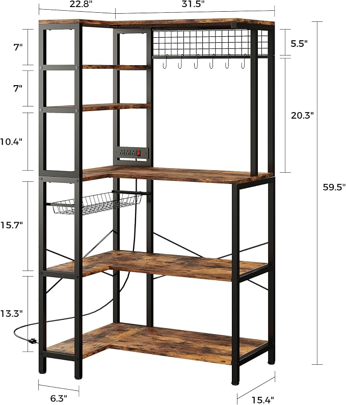 IRONCK Bakers Rack with Power Outlet, 5-Tier Corner Microwave Stand with Storage - Image 3