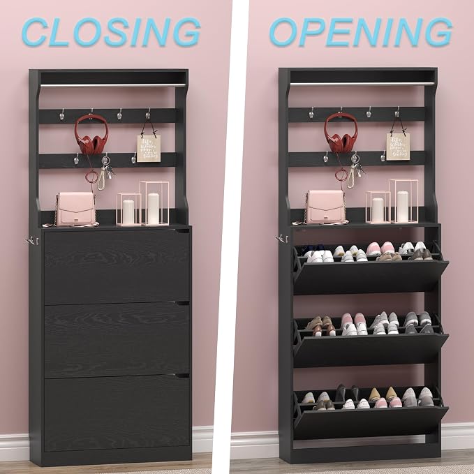 BORNOON Shoe Cabinet with 3 Flip Drawers & Coat Rack, Narrow Hidden Shoe - Image 5