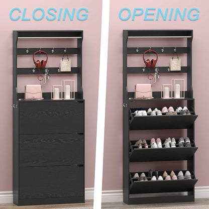 BORNOON Shoe Cabinet with 3 Flip Drawers & Coat Rack, Narrow Hidden Shoe - Image 5