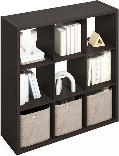 Furinno Simple 9-Cube Storage Organizer, Display Shelf, Dark Oak | Extra Thick by Furinno-FitsYourSpaceFitsYourBudget