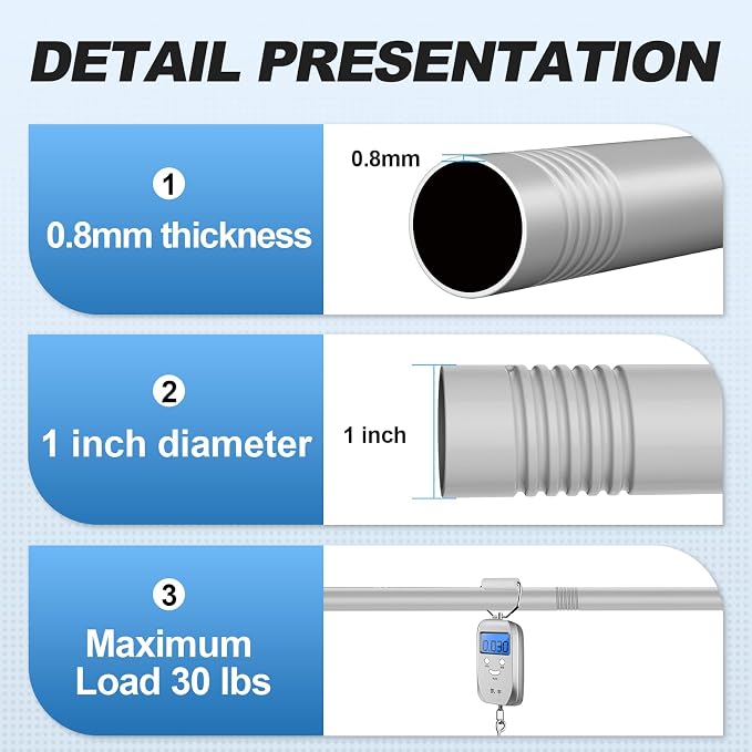 CorkLatta Silver Shower Curtain Rod 31 to 92 Inch, 1 Inch Diameter Adjustable - Image 3