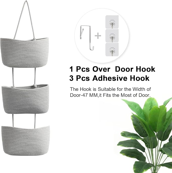 TeoKJ Over the Door Hanging Basket, 3-Tier Woven Cotton Wall-Mounted Storage - Image 6