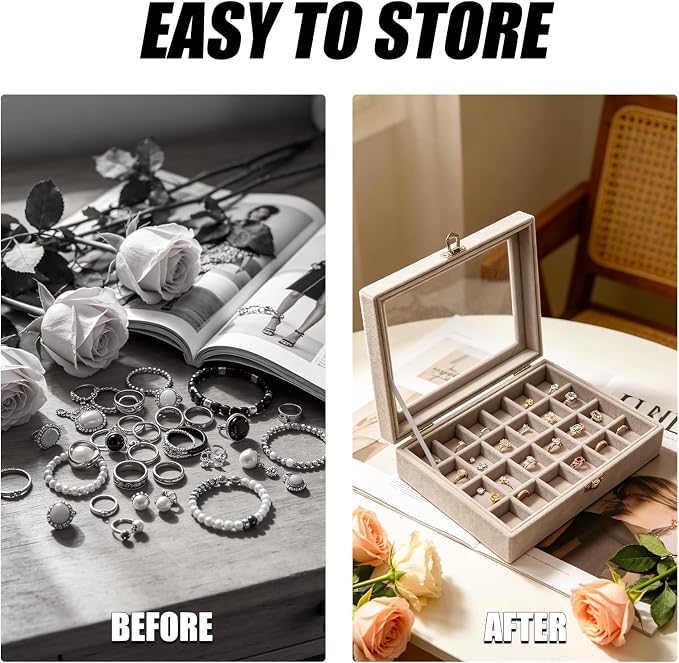 Small Velvet Jewelry Tray with Clear Lid, 24 Grids Gray | Lockable Ring Earring - Image 5