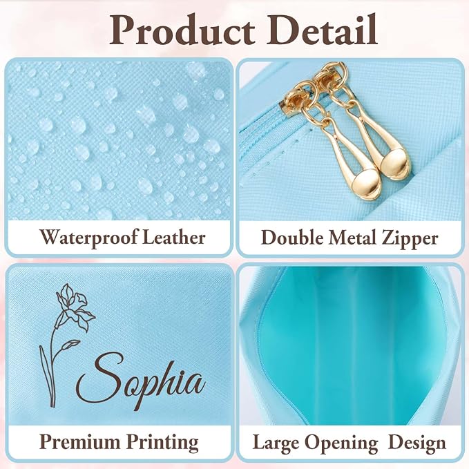 Personalized Makeup Bag with Name & Birth Flower, Custom Leather Cosmetic Bags - Image 5