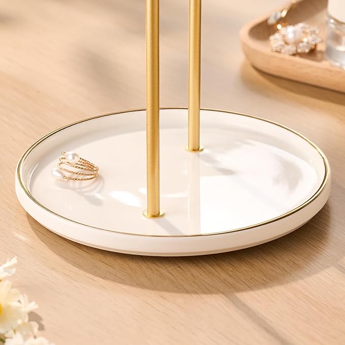 Gold Jewelry Holder Stand with Ceramic Tray: Small Hanging Necklace Organizer - Image 2